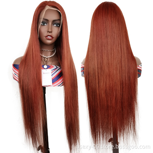 Wholesale Colored Deep Wave Virgin Brazilian Hair Wigs Human Hair Lace Front Burnt Orange Wig Transparent HD Lace Frontal Wig